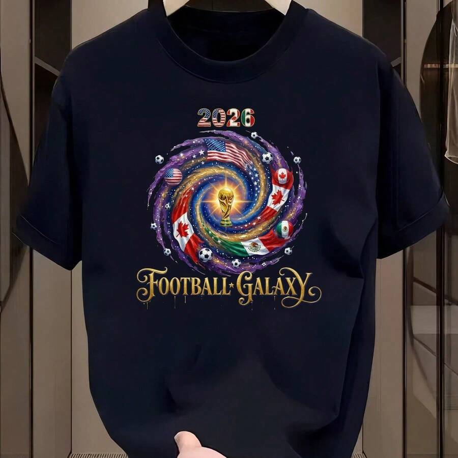 Camiseta de fútbol con temática de la Copa Mundial de 2026, camiseta blanca de manga corta, estampada con las banderas de Estados Unidos, Canadá y México y el patrón del trofeo de la Copa Mundial, un outfit moderno imprescindible para los fans del fútbol. Apta tanto para hombres como para mujeres. - negro - Ver 1