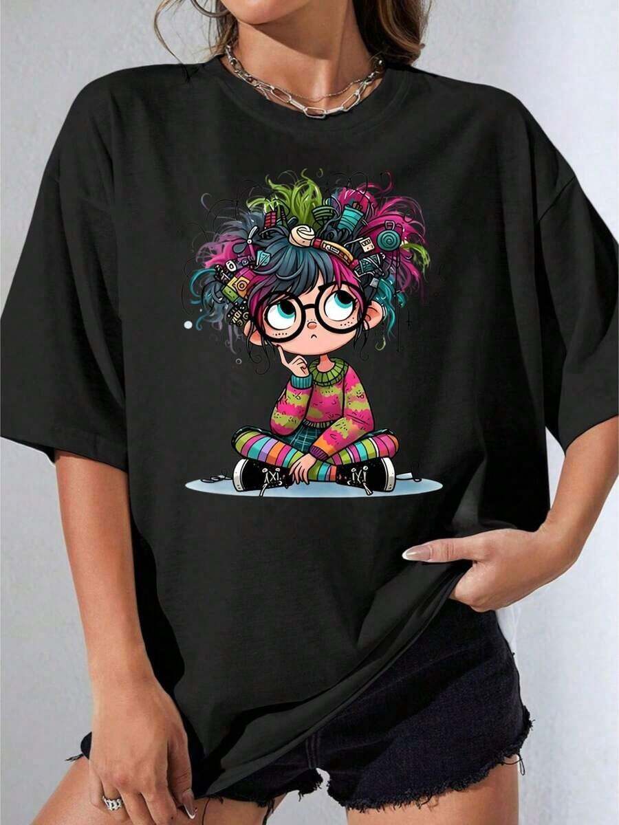 Camiseta Negra y Blanca para Niña, Linda Camiseta Oversize con Estampado de Niña de Dibujos Animados, Cabello Colorido y Gafas, para Uso Casual, Fiestas al Aire Libre, Camiseta Estampada Casual de 180g - Negro - Ver 1