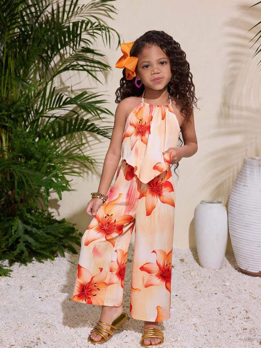 BASUSARRI Young Girls' Floral Print Camisole Top And Wide Leg Pants Set, Fashionable Casual Vacation Style Outfit