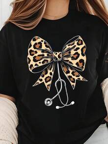 Coquette Nurse Shirt, Leopard Print Stethoscope Bow T-Shirt and Sweatshirt, Gift for Nurse, Nurse Graduation, Healthcare Professionals Shirtblusas para mujer playeras de mujer vestidos casuales para mujer y2k playeras deportivas para mujer verano camisetas ropa de mujer Fashion Perfect For Daily - Negro - Ver 6