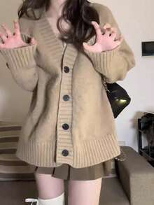 Women's Knitted Jacket, Women's Tweed Jacket, Autumn And Winter Loose Lazy Windproof Slim Cardigan Jumper, Versatile Knit Sweater Tops - 駝色 - 查看 1