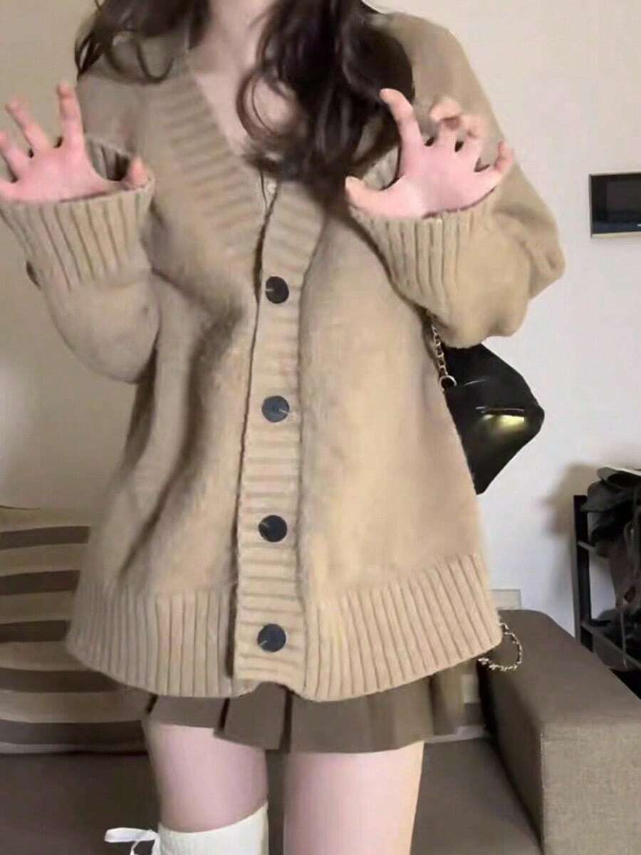 Women's Knitted Jacket, Women's Tweed Jacket, Autumn And Winter Loose Lazy Windproof Slim Cardigan Jumper, Versatile Knit Sweater Tops - 駝色 - 查看 1