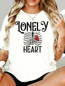 Camiseta Gráfica con Diseño de Esqueleto y Tórax 'Corazón Solitario' para Mujer, Top Casual Oversize Blanco 180g, para Ocio, Hogar, Aire Libre, Regalo para Fiesta de San Valentín - Blanco - Ver 1