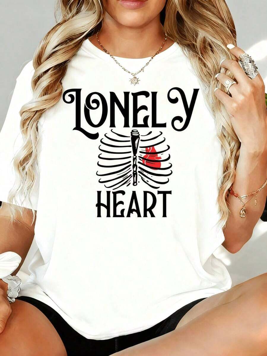 Camiseta Gráfica con Diseño de Esqueleto y Tórax 'Corazón Solitario' para Mujer, Top Casual Oversize Blanco 180g, para Ocio, Hogar, Aire Libre, Regalo para Fiesta de San Valentín - Blanco - Ver 1
