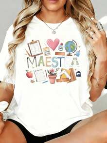 Camiseta Gráfica para Maestra, Top Casual para Mujer, Estampado de Material Escolar, Corte Holgado, Camiseta Blanca de 180g, para Ocio, Hogar, Aire Libre, Regalo para el Día de San Valentín o Fiesta - Blanco - Ver 7