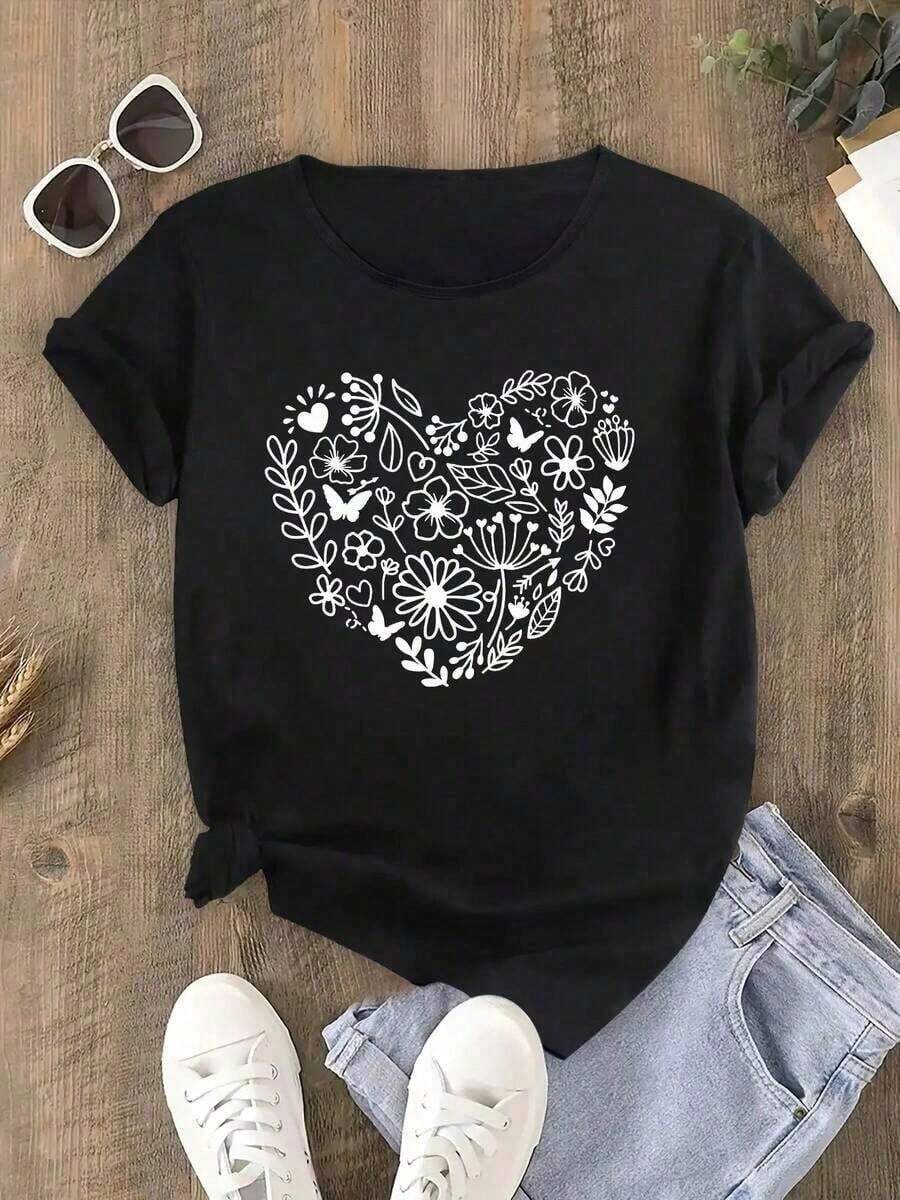 Camia Casual De Para Mujer, Camia Deportiva Casual Para Mujer Con Estampado De CorazóN Floral, Manga Corta, Cuello Redondo, Top CóModo, Nuevo Estilo 2026, 100% AlgodóN, Uso En Las 4 Estaciones, Corte Holgado, Ropa Casual VersáTil Para Mujer, Camia Suave, Ropa Urbana, Cuello Redondo De Verano, Manga Corta Ajustada Adecuado Como Regalo. Playera De Mujer. Blusas>Elegantes. Boho Chic,1 Pieza - Negro - Ver 1