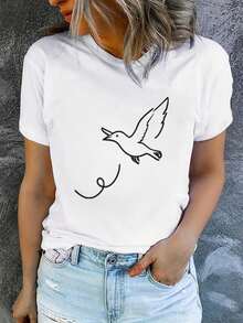 Camiseta de verano para mujer de manga corta con estampado, moderna y casual, lavable a máquina, ajuste cómodo con estampado plano 2D. - Blanco - Ver 10