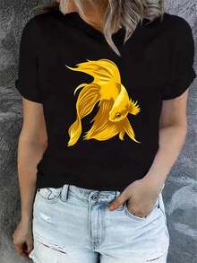 Camiseta de verano para mujer, de manga corta y estampada, moderna y casual, lavable a máquina, ajuste cómodo, estampado plano 2D. - Negro_08 - Ver 12