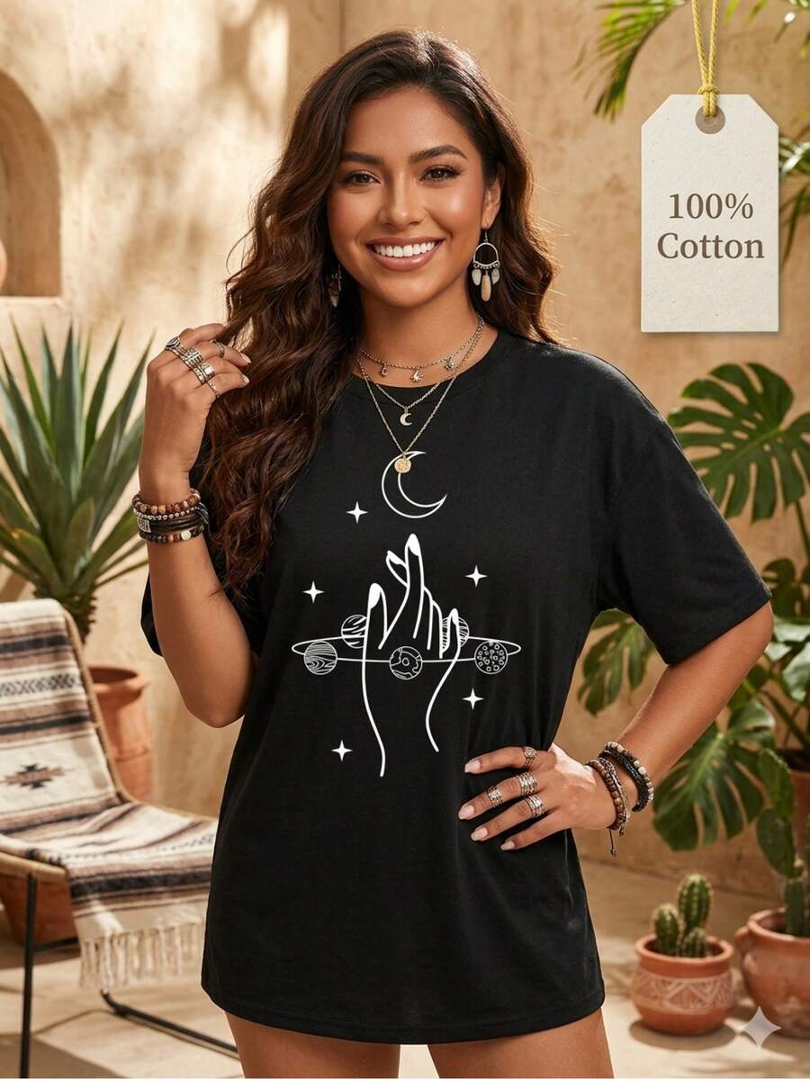 Algodón Divertida Primavera: Camiseta de Algodón con Estampado Divertido y Creativo, Playera Casual de Primavera, Top Suave para Uso Diario - Negro - Ver 1