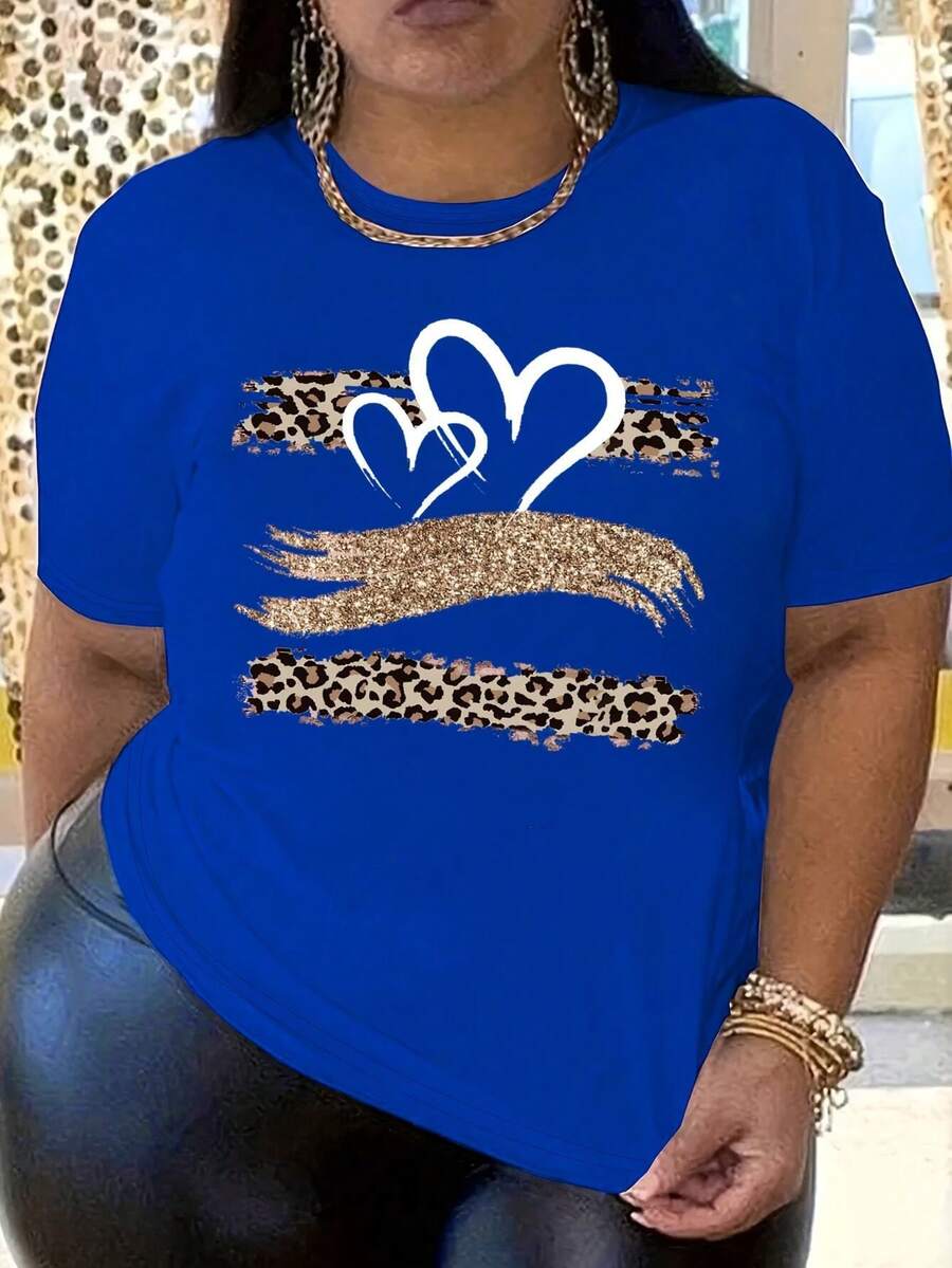Talla Grande - Talla Grande - Camiseta de Talla Grande con Estampado de Corazón y Leopardo - Azul - Ver 1