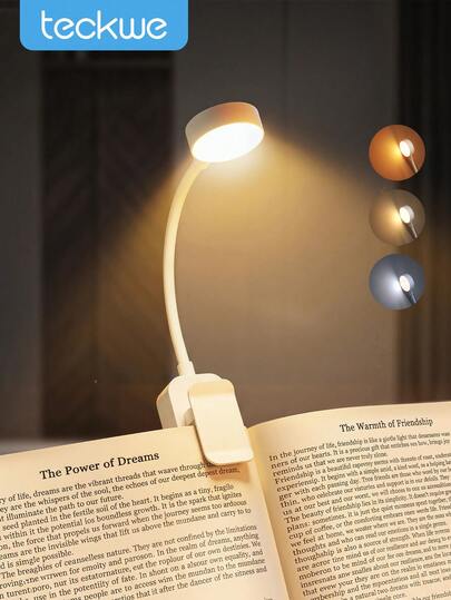 Teckwe 1pc 4-LED White Clip-On Eye-Care Reading Light, Rechargeable Book Light, 3 Color Temperatures, Dimmable Brightness, Mini Portable Clip-On Reading Lamp, Type-C Data