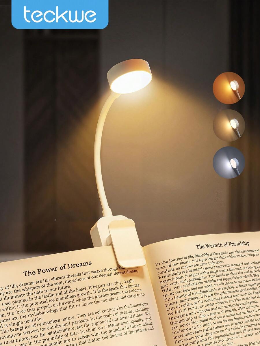 Teckwe 1pc 4-LED White Clip-On Eye-Care Reading Light, Rechargeable Book Light, 3 Color Temperatures, Dimmable Brightness, Mini Portable Clip-On Reading Lamp, Type-C Data