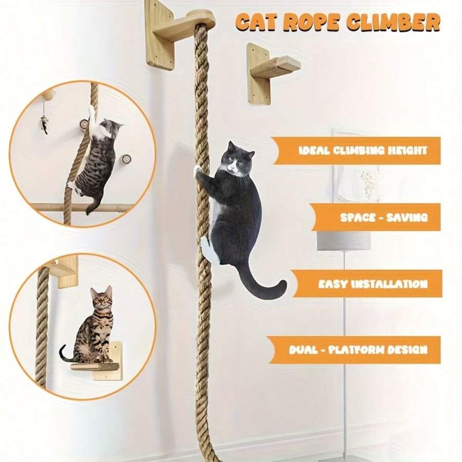 1 Set Wall-Mounted Cat Climbing Rope Jumping Platform, Thick Natural Hemp Rope, Space-Saving, Pet Exercise Toy, Indoor Cat Activity Wall-Hanging Design, Sturdy Pet Accessory, Cat Wall Ladder, Kitten Play Equipment - Multicolor - View 1