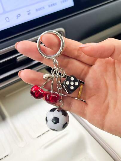 1pc Red Lucky Dice, Cherry Charm, Football Design Metal Keychain, Couple Accessory Suitable For Party, Event, Gift, Car Key Chain, Bag Pendant