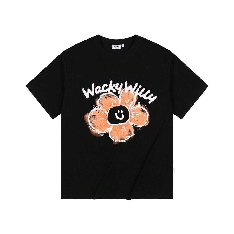 Versión correcta: Camiseta de manga corta con estampado floral de la marca coreana de moda Little Flyman, holgada, versátil, casual, de cuello redondo para mujer, camisetas de verano de cuello redondo, cómodas, holgadas y a la moda. - Negro - Ver 1