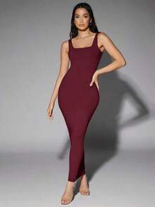 Vestido de tirantes de cuello redondo liso - Burdeos - Ver 5