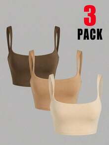 3 piezas Camiseta de tirantes de unicolor y corta para mujeres - Multicolor 6 - Ver 4