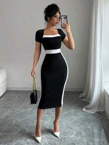 Vestido ajustado de cuello cuadrado con bloques de color para mujer - Blanco y Negro - Ver 1