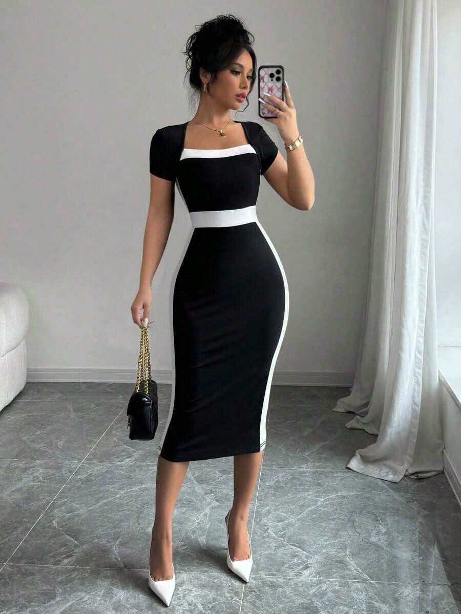 Vestido ajustado de cuello cuadrado con bloques de color para mujer - Blanco y Negro - Ver 1
