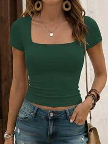 Camiseta de manga corta con cuello cuadrado de punto de unicolor, ajustada y sexy, estilo Y2K, para mujer Vaiaye, adecuada para actividades de primavera/verano y el Día de San Valentín - Verde - Ver 6