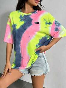 Camiseta de punto de mujeres con cuello redondo, teñida a la técnica Tie-Dye con parches de diferentes telas. - Multicolor 3 - Ver 3