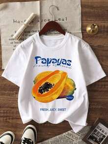Camiseta Oversize para Mujer con Estética Y2K y Gráfico de Papaya con Eslogan "Papayas Recién Exprimidas", Camiseta Casual de Manga Corta con Cuello Redondo, Estilo Vintage Retro con Estampado de Frutas, Ideal para Vacaciones de Verano en la Playa, Uso Diario, Citas para Café, Fiestas, Moda Festiva para Adolescentes, Camiseta Gráfica Holgada y Moderna para Mujeres Jóvenes y Amantes de la Fruta. X4ZN - Blanco - Ver 5