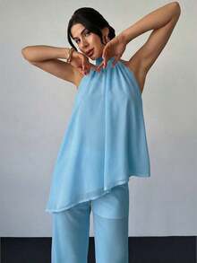 Conjunto de blusa y pantalones rectos holgados de mujer, elegante y casual para oficina, de gasa rosa con cuello de halter sin mangas y dobladillo asimétrico suelto, nuevo para primavera/verano - Azul - Ver 5