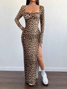 Vestido largo con cuello cuadrado, manga larga y bajo con abertura, estampado de leopardo, para uso casual diario en otoño/invierno - Multicolor 3 - Ver 4