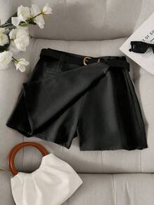 Pantalones con falda asimétrica de moda casual para ir al trabajo, pantalones cortos multifuncionales para mujer sin cinturón, pantalones con falda asimétrica a juego sin cinturón, falda asimétrica, falda con dobladillo asimétrico, falda pantalón - Negro - Ver 5