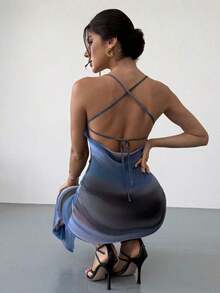 Vestido ajustado de tela transparente con tirantes de atar en el hombro descubierto y espalda descubierta, de colores degradados, elegante para uso diario u ocasiones de vacaciones, estilo veraniego - Azul - Ver 2