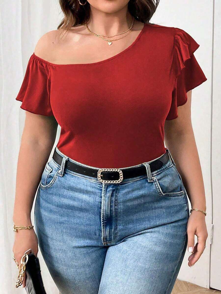 Camiseta de manga corta y ajustada con hombros descubiertos, doble capa de volantes y talla grande para mujer, estilo casual y versátil - Rojo - Ver 1
