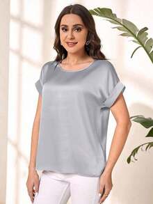Blusa suelta elegante de verano para mujer con cuello redondo, mangas cortas tipo murciélago y unicolor - Blusas de manga corta - Gris Claro - Ver 4