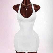 Y2K Sexy  Women's Solid Color Deep V-Neck Sexy Backless Mini Dress Summer Dresses For Women Spring Outfit Women Valentine Outfits For Women Party Dress Racerback Open Backless Sleeveless V-Neck Heart-Shaped Bust Mini Bodycon Dress Sexy Curve Dress White Sexy Dress Women Built In Bra Dress White Club Dress White Bodycon Dress - Blanco - Ver 2