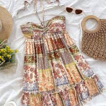 Western Wear Women,Summer Dresses For Women,Vacation Outfits Woman,Bohemian,Rave Outfit Festival,Concert Outfit Women,Easter Dress Women,Women's Vacation Colorful Retro Print Drawstring Front & Back Tie Layered Mini Dress, Music Festival Outfit,Sun Dress - Multicolor - Ver 2