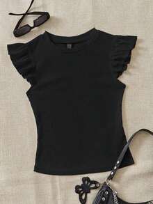 Set de 2 tops de camiseta de cuello redondo ajustados de tela acanalada en negro y rojo rosa, apropiados para verano con mangas con volantes, adecuados para salir - Multicolor 12 - Ver 5