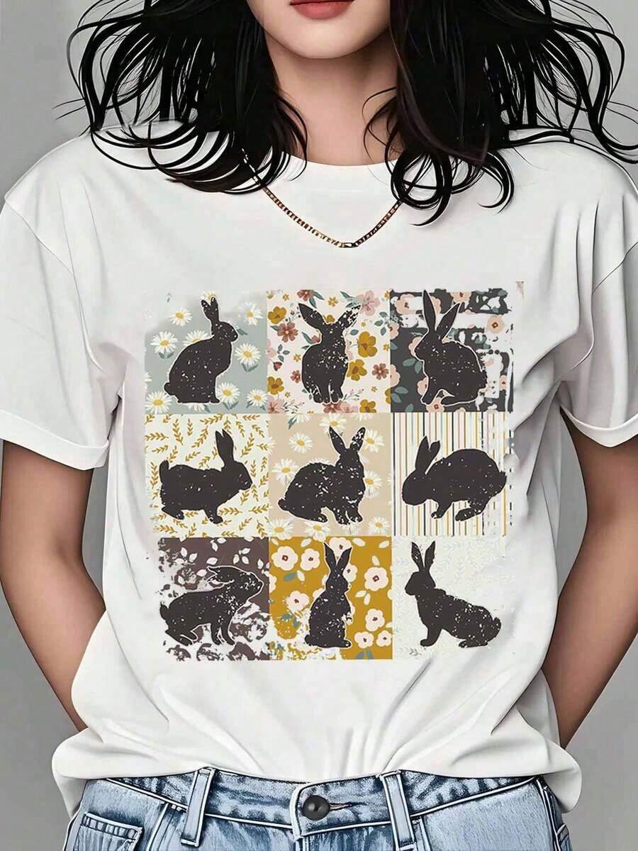 Women's Short-Sleeved T-Shirt, Rabbit Print T-Shirt, Casual For Spring And Summer, With Floral Print And Animal Design, Loose Fit, As An Easter Gift, Fashionable Artistic And Eye-Catching Shirt. - 白色 - 查看 1