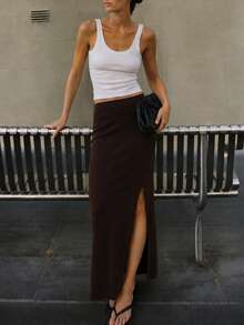 RoseArya High Waist High Slit Maxi Skirt - Brown - View 1
