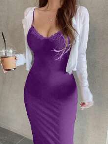 Vestido camisero de verano informal de unicolor con ribete de encaje, vestidos de sol para mujeres - Morado - Ver 2