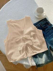 2026 Nuevo Top sin mangas con cuello en V, lazo delantero y bordado floral para mujer, ideal para vacaciones en la playa, uso casual, estilo Y2K de los 2000, primavera, graduación, fiesta de boda, vacaciones elegantes, San Valentín, carnaval, - Caqui - Ver 4