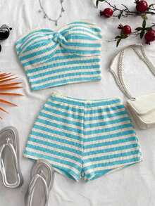 Set de 2 piezas para mujer compuesto por top bandeau texturizado a rayas rojas y blancas y pantalones cortos casuales, adecuado para citas, fiestas y vacaciones en la playa - Azul y blanco - Ver 8