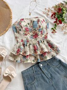 Blusa elegante bohemia y tropical sin tirantes, con hombros abiertos, espalda abierta y bajo con volantes, para mujer, ideal para uso casual, resort, playa, boda, graduación, brunch, Día de San Patricio, vacaciones de primavera, Pascua, festivales - Multicolor 3 - Ver 5