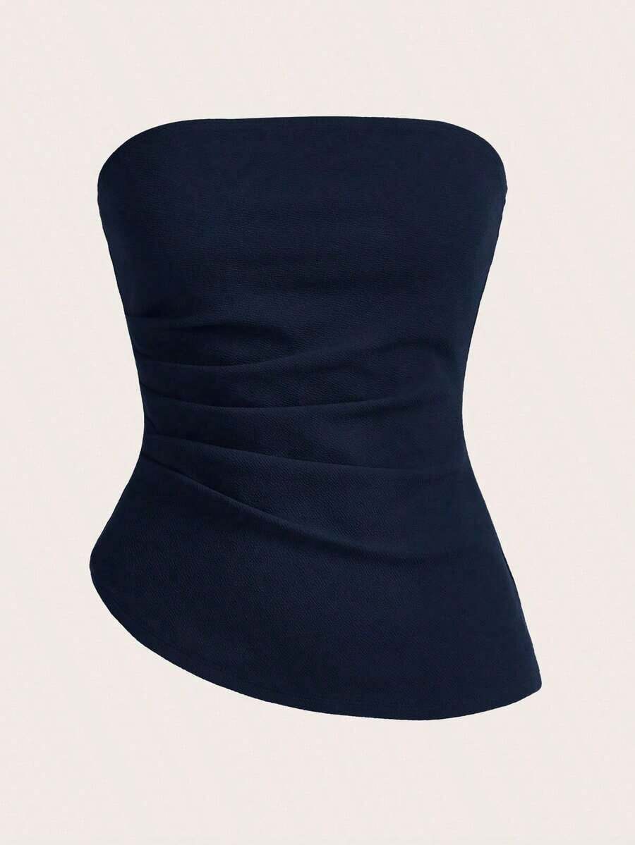 Top tubo sencillo y elegante con cintura fruncida, adecuado para verano, top tubo azul marino, tops tubo para mujer, top sin tirantes para mujer, top tubo azul marino - Azul marino - Ver 1