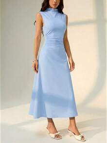 Vestido maxi de línea A con cuello mao, sin mangas, fruncido, color blanco, nuevo para el Día de San Valentín.Elegante y romántico atuendo para citas y trabajo, vestidos de verano para mujer - Celeste - Ver 6