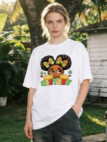 Women's Summer Clothing, Soft And Casual Cotton T-Shirt With Round Neck, Cartoon Character Print, Cultural Heritage And Historical Pride. Black. - 白色 - 查看 2