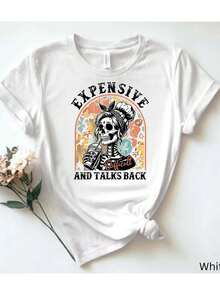 1 camiseta de mujer blanca de algodón puro: divertido diseño de calavera con la frase "Dear, kiss back", camiseta de mujer 180g 100% algodón. - blanco - Ver 1