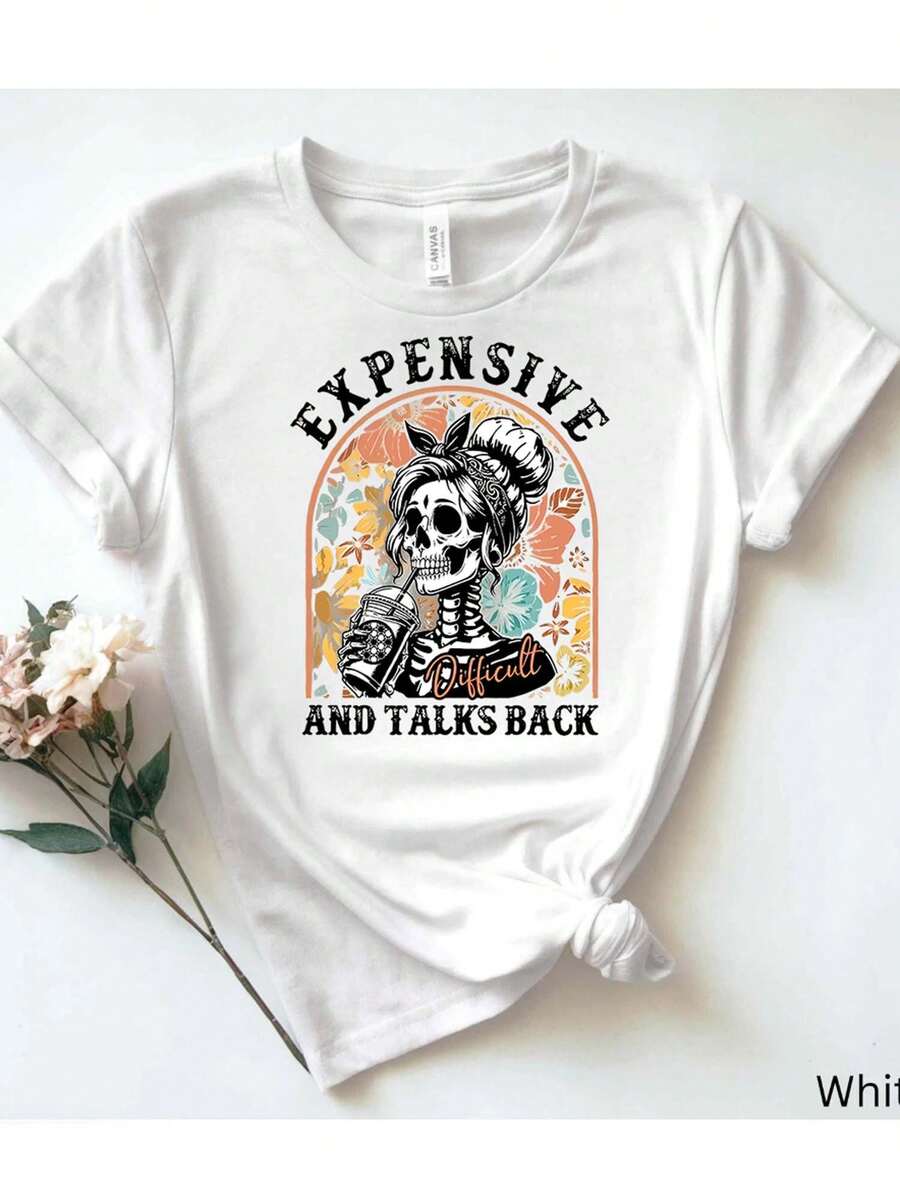 1 camiseta de mujer blanca de algodón puro: divertido diseño de calavera con la frase "Dear, kiss back", camiseta de mujer 180g 100% algodón. - blanco - Ver 1