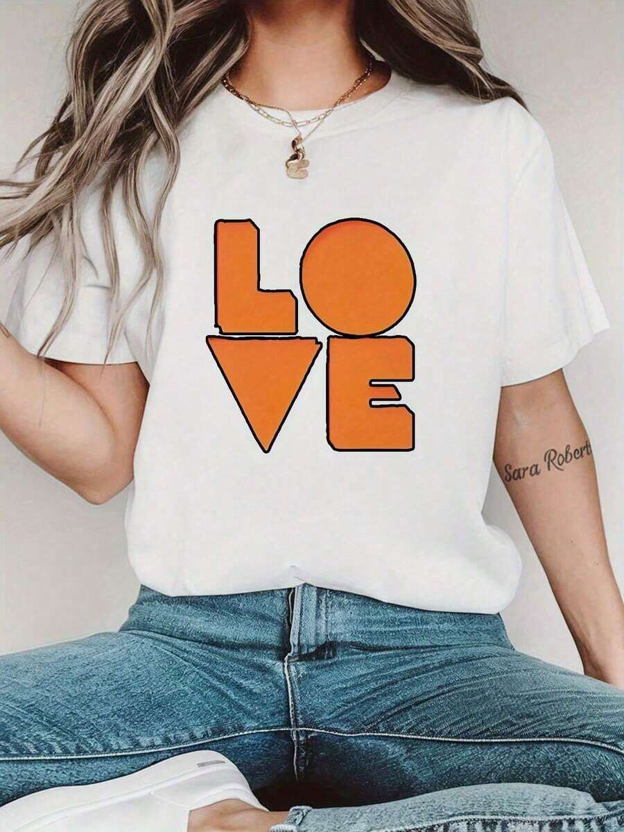 Women's Casual Short Sleeve T-Shirt With 'LOVE' Graphic Print In Bright Orange - White Crew Neck Loose Fit T-Shirt For Spring And Summer, Machine Washable, Ladies' T-Shirts/Blouses>Pretty - 白色 - 查看 1
