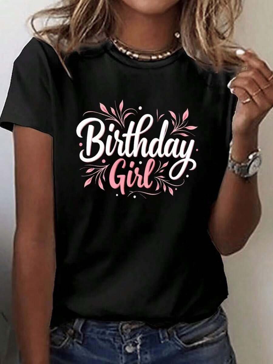 Camiseta estampada de cumpleaños para damas | Camiseta casual de manga corta y cuello redondo con estampado de cumpleaños y número de edad, tela elástica, lavable a máquina, adecuada para todas las estaciones.blusas>bonito - Negro - Ver 1