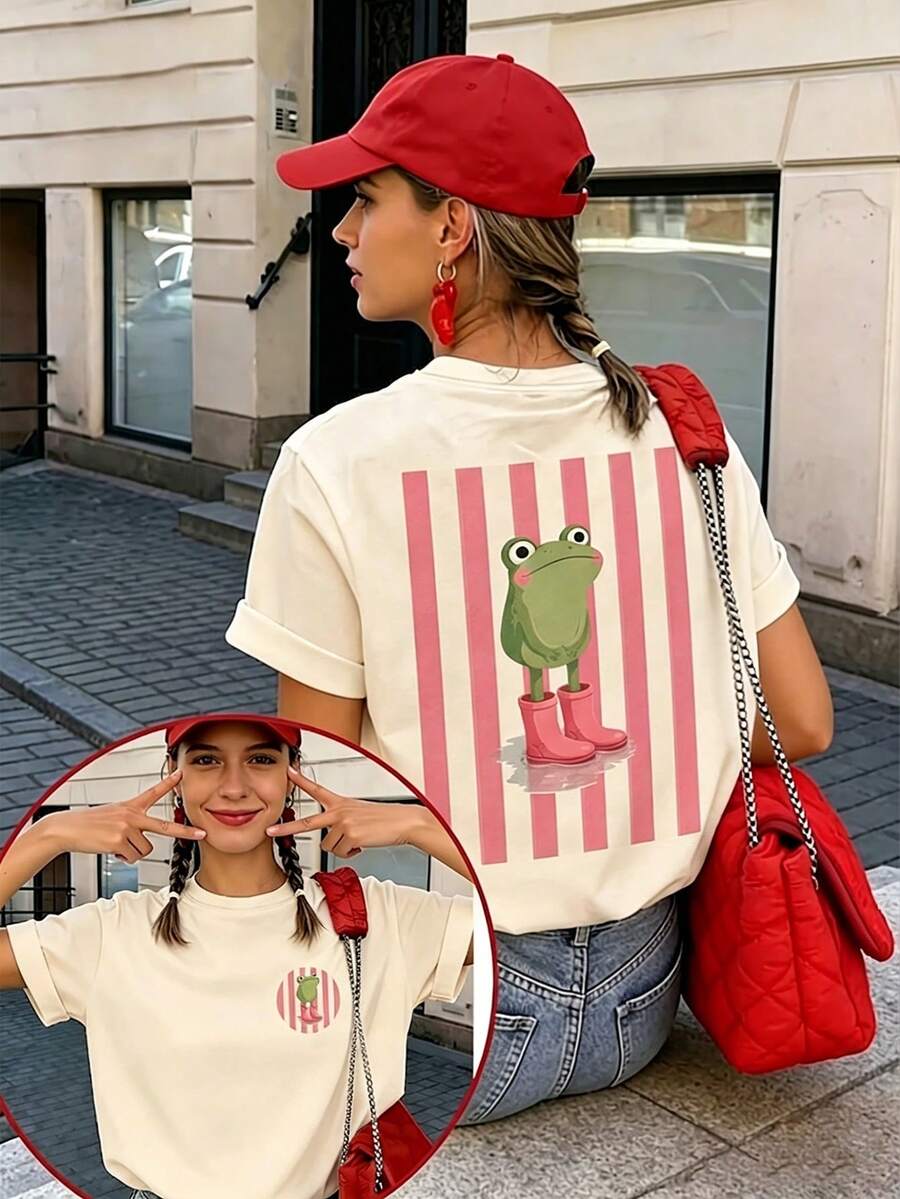Short Sleeve T-Shirt, Front And Back Printed With "Cute Frog Wearing Pink Rain Boots" Striped Pattern, White Summer Top Casual - Apricot - View 1