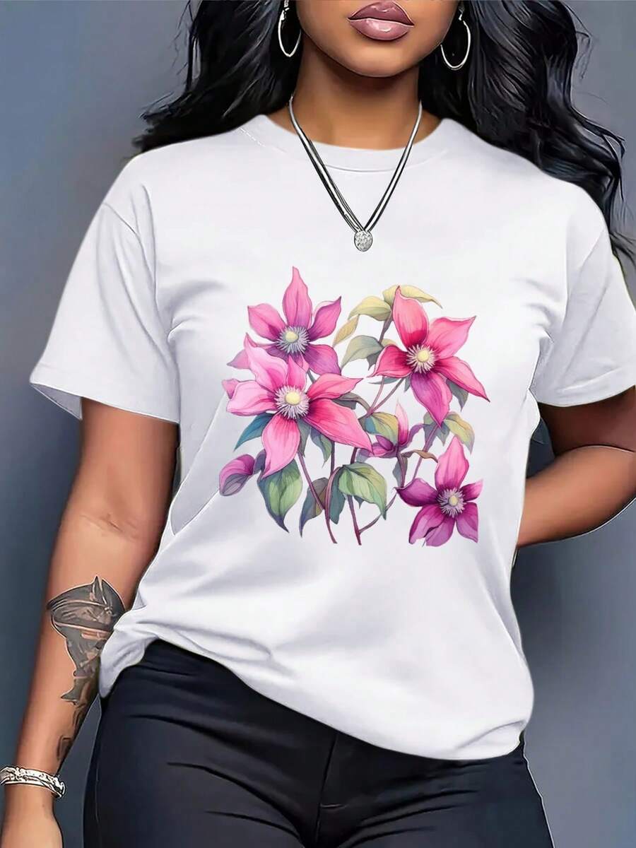 Plus Size - Women's Oversized T-Shirt - Loose Casual Top For Everyday Wear, Soft Pink Floral Print, Lightweight And Breathable Fabric, Suitable For Spring And Summer, Casual, Office And Party - Everyday Wardrobe Essential, Summer Fashion, Vibrant Design, Comfortable Material, Stylish Shirt, For Fashion Enthusiasts DCL8 - 白色 - 查看 1